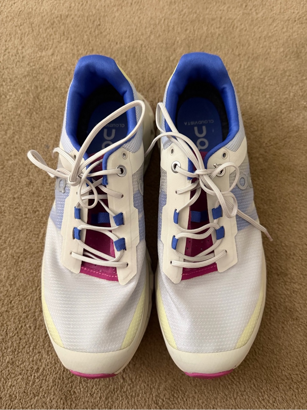 On cloud Women’s Running Sneakers in White, Blue & Pink